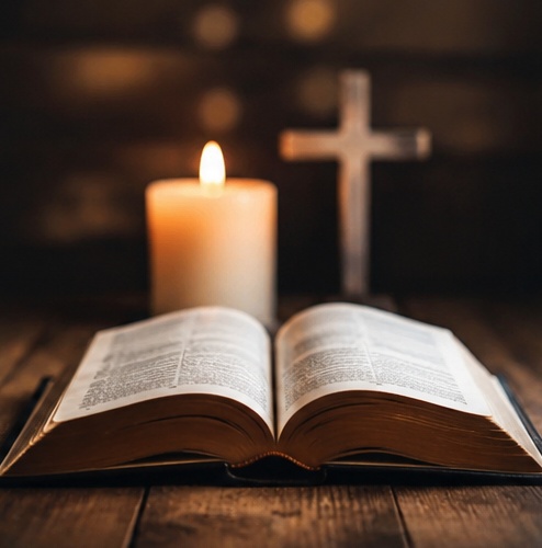 Open Bible with candlelight and a cross