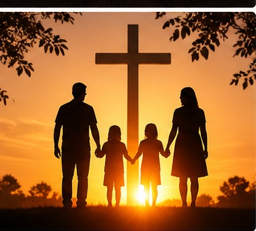 Family holding hands before a cross at sunset