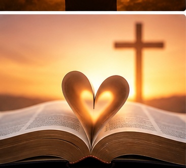 Bible pages folded into a heart before a cross