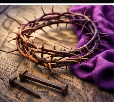Crown of thorns with nails and purple cloth